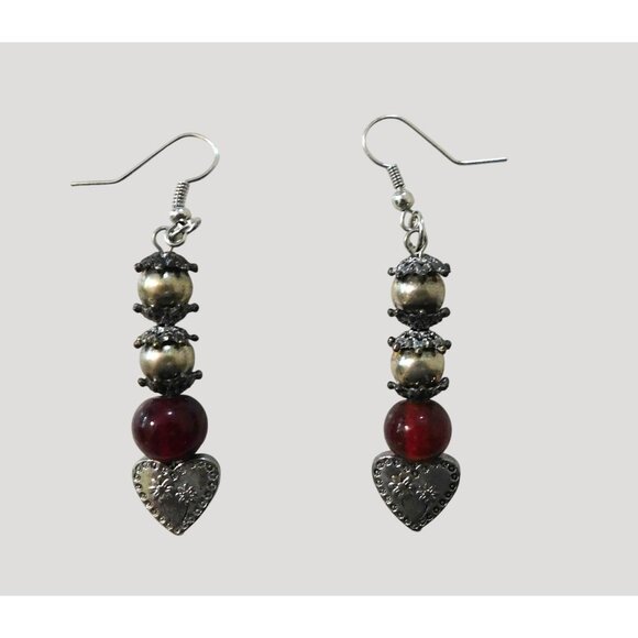 Vintage-Inspired Dangle Earrings Silver Heart Charm Red Metallic Beads 2.5" Long - Picture 1 of 4